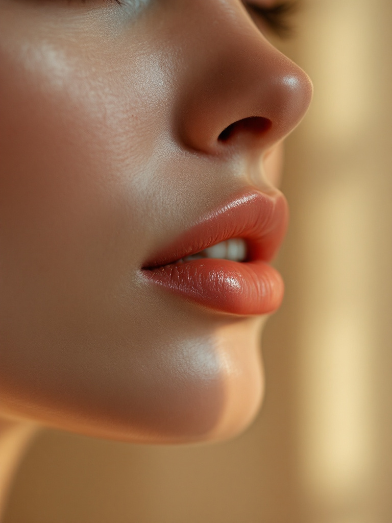 A close editorial crop of relaxed lips with a natural balm sheen in soft side light.