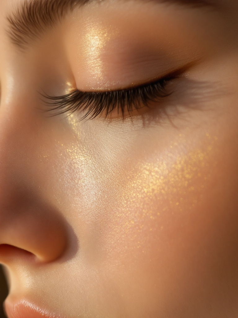 A macro crop of luminous skin across a cheekbone, fine natural texture catching warm light.