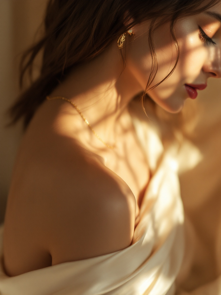 A woman's shoulder and neck turned away from camera, cream silk and a fine gold chain in low sunlight.