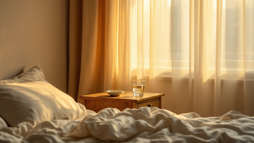 Rumpled ivory bedding and an oak nightstand with a glass of water, sheer curtains glowing with early golden light.