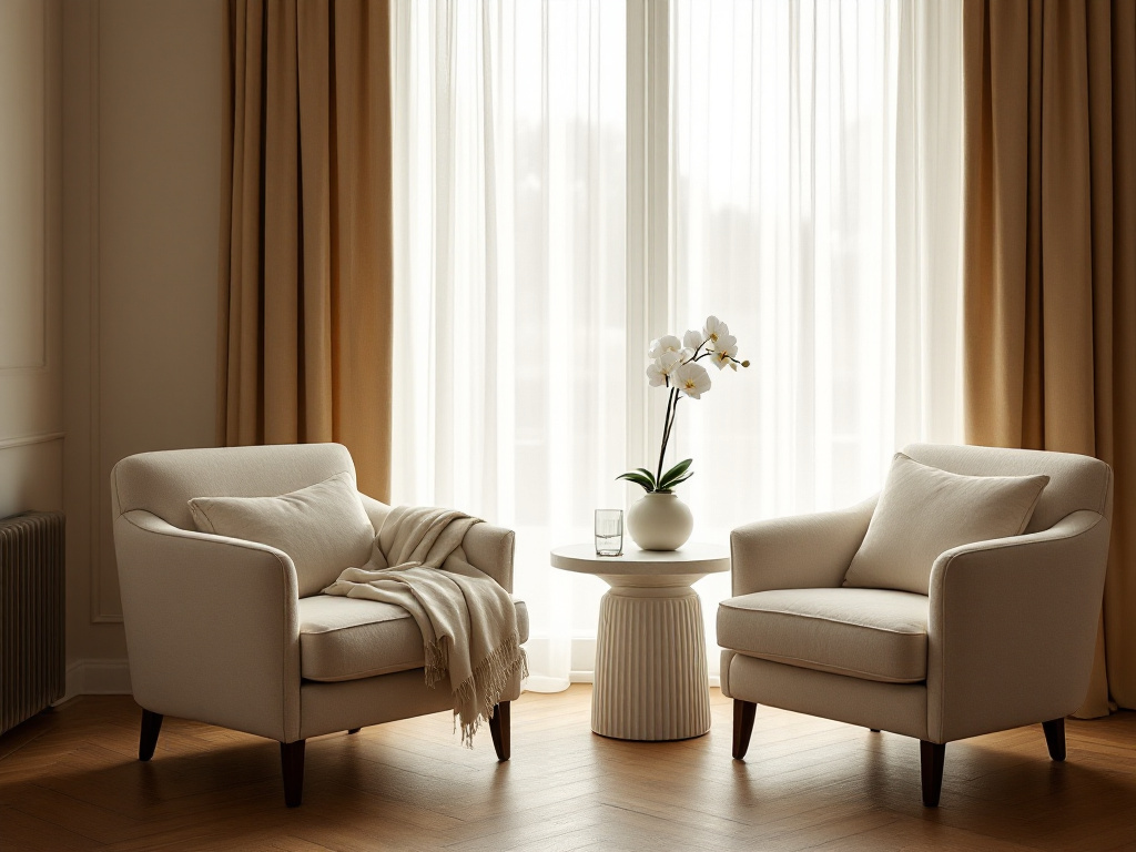 A quiet lounge with two cream armchairs facing a sunlit window, a cashmere throw and a white orchid on a low table.