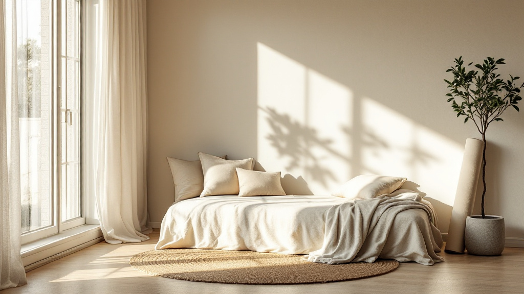 A sunlit wellness studio with a cream linen daybed, a round jute rug, a rolled yoga mat and an olive tree beside tall windows.